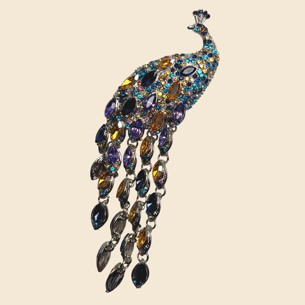 Peacock Brooch Blue Purple Amber Rhinestone Silver Tone Dangle 5.5" Bird Pin
